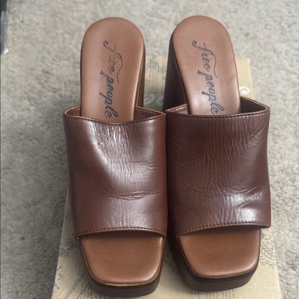 Free People Brown Leather Mules with Block Heel
